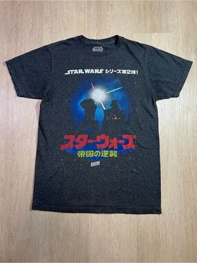 Star Wars Black Graphic Tee with Red and Blue Japanese Design